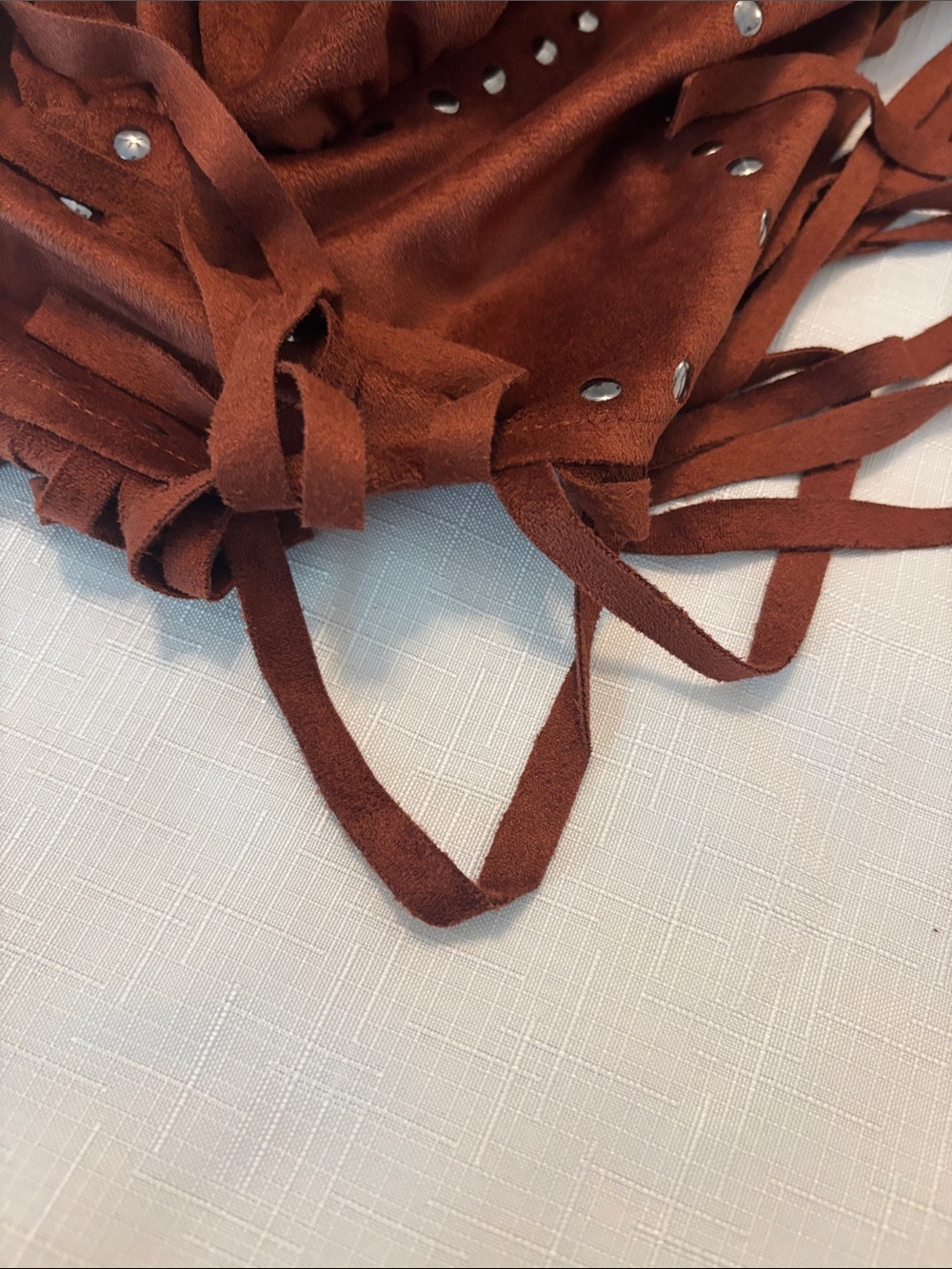 Rock & Roll Cowgirl Rust Brown Studded Fringe Faux Micro Suede Tank SZ L Western - Picture 12 of 13